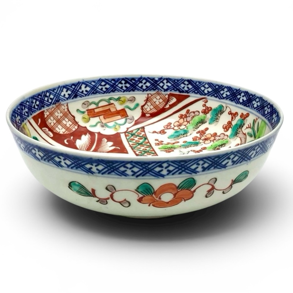 Antique Japanese Imari Bowl Meiji Period 8.5" Hand Painted Landscape Pagoda